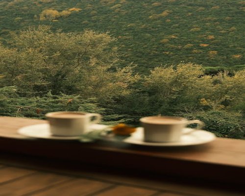 A quiet morning setting with a traditional warm beverage on a balcony overlooking Colombian green hills
